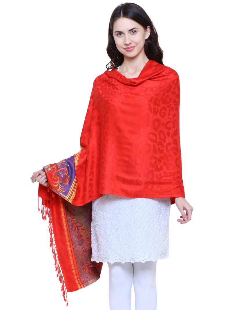 Red and multicoloured Voscose Rayon Floral Woven Design Shawl