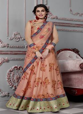 Dark-peach digital print silk semi stitched lehenga 1