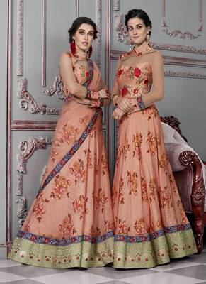 Dark-peach digital print silk semi stitched lehenga 2