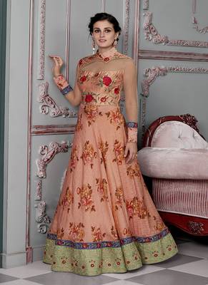 Dark-peach digital print silk semi stitched lehenga 3
