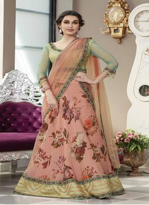Peach digital print silk semi stitched lehenga 1