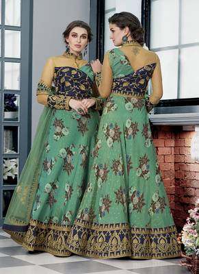 Sea-green digital print silk semi stitched lehenga 2