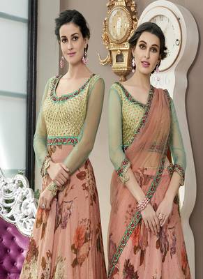 Peach digital print silk semi stitched lehenga 4