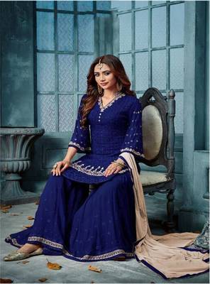 Blue Embroidered Faux Georgette Salwar 4