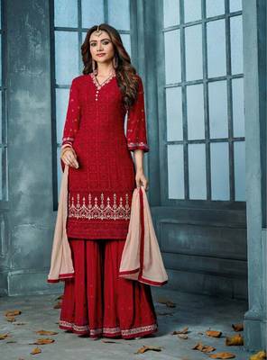Red embroidered faux georgette salwar 1