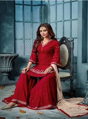 Red embroidered faux georgette salwar 4