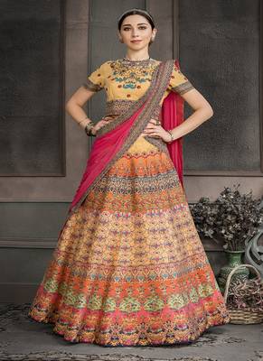 Mustard digital print silk semi stitched lehenga 1