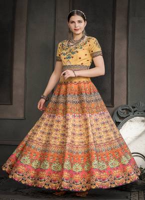 Mustard digital print silk semi stitched lehenga 2