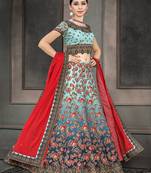 Turquoise digital print silk semi stitched lehenga