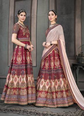 Crimson digital print silk semi stitched lehenga 2