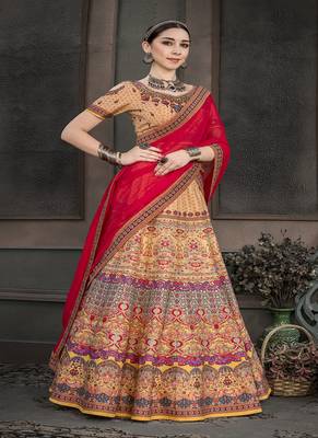 Mustard digital print silk semi stitched lehenga 1