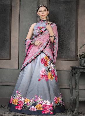 Grey digital print silk semi stitched lehenga 1