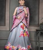 Grey digital print silk semi stitched lehenga