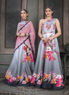 Grey digital print silk semi stitched lehenga 2