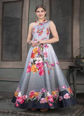 Grey digital print silk semi stitched lehenga 3