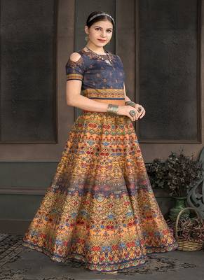 Peach digital print silk semi stitched lehenga 1