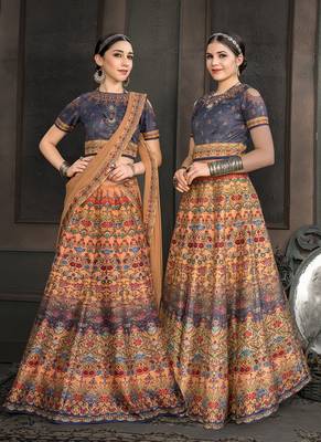 Peach digital print silk semi stitched lehenga 2