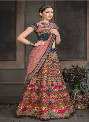 Navy-blue digital print silk semi stitched lehenga 1