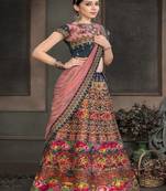 Navy-blue digital print silk semi stitched lehenga