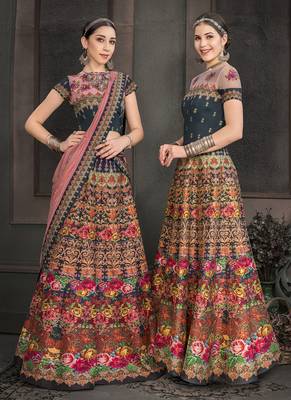 Navy-blue digital print silk semi stitched lehenga 2