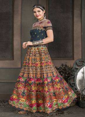 Navy-blue digital print silk semi stitched lehenga 3