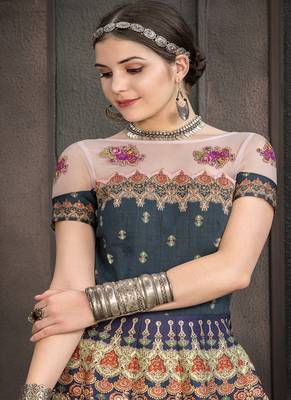 Navy-blue digital print silk semi stitched lehenga 4