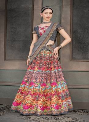 Multicolor digital print silk semi stitched lehenga 1
