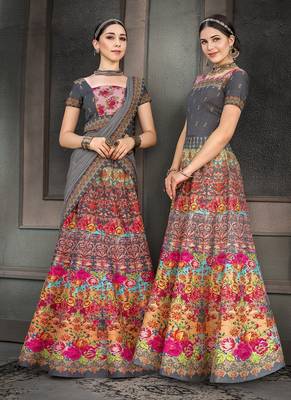 Multicolor digital print silk semi stitched lehenga 2