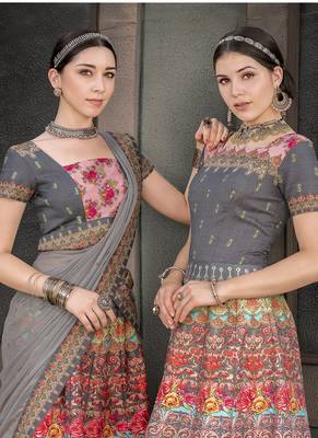 Multicolor digital print silk semi stitched lehenga 4