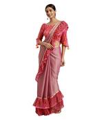 Pink printed chiffon saree with blouse