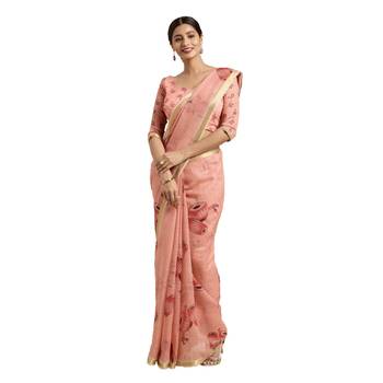 Red Printed Linen Saree With Blouse 1