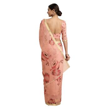 Red Printed Linen Saree With Blouse 2