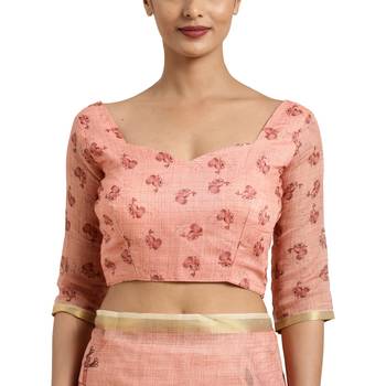 Red Printed Linen Saree With Blouse 3