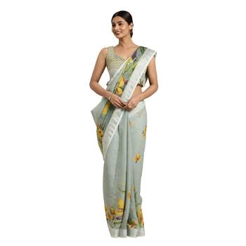 Green printed linen saree with blouse 1