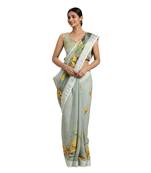 Green printed linen saree with blouse