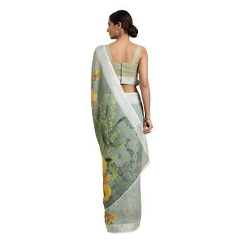 Green printed linen saree with blouse 2