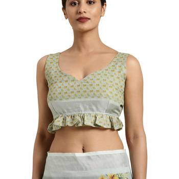 Green printed linen saree with blouse 3