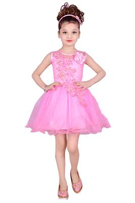 Pink Embroidered Super Net Kids Frocks 1