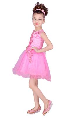 Pink Embroidered Super Net Kids Frocks 2