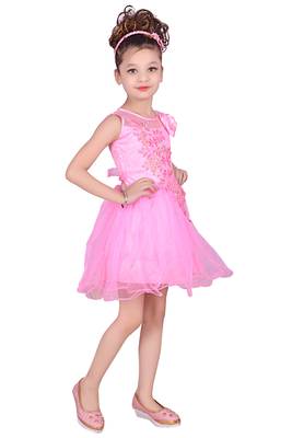 Pink Embroidered Super Net Kids Frocks 3