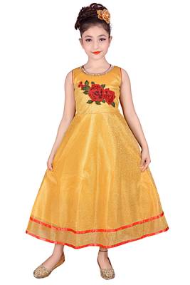 Gold Embroidered Super Net Kids Frocks 1