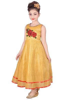 Gold Embroidered Super Net Kids Frocks 2