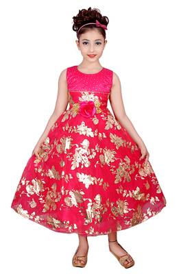 Pink Embroidered Super Net Kids Frocks 1