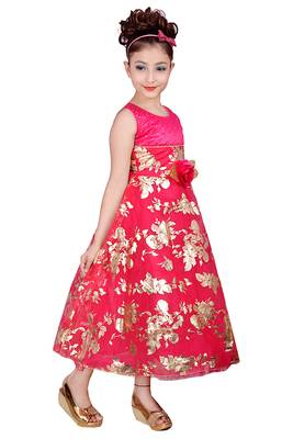 Pink Embroidered Super Net Kids Frocks 2