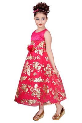 Pink Embroidered Super Net Kids Frocks 3