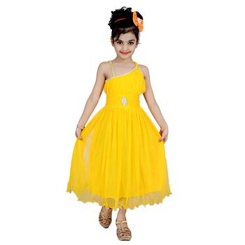 Yellow Embroidered Super Net Kids Frocks 1