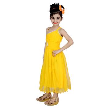 Yellow Embroidered Super Net Kids Frocks 2