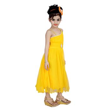 Yellow Embroidered Super Net Kids Frocks 3