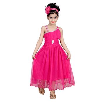 Pink Embroidered Super Net Kids Frocks 1