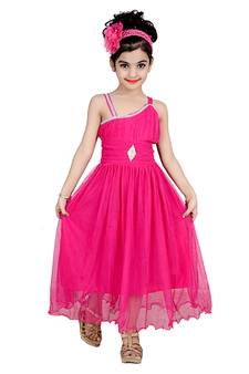 Pink Embroidered Super Net Kids Frocks